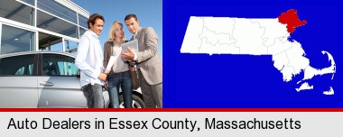 an auto dealership conversation; Essex County highlighted in red on a map