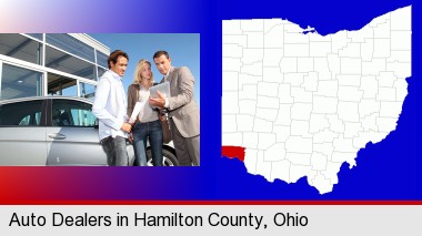 an auto dealership conversation; Hamilton County highlighted in red on a map