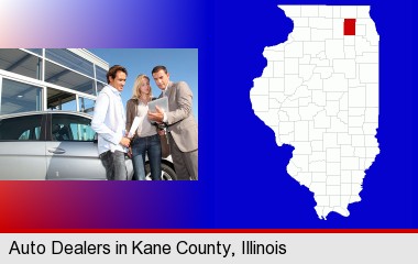 an auto dealership conversation; Kane County highlighted in red on a map