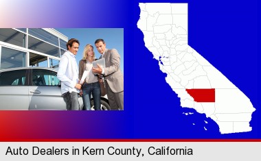 an auto dealership conversation; Kern County highlighted in red on a map