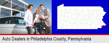 an auto dealership conversation; Philadelphia County highlighted in red on a map