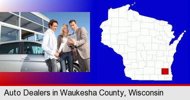 an auto dealership conversation; Waukesha County highlighted in red on a map