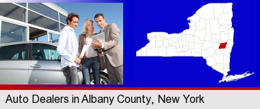 an auto dealership conversation; Albany County highlighted in red on a map