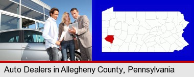 an auto dealership conversation; Allegheny County highlighted in red on a map