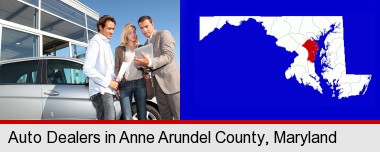 an auto dealership conversation; Anne Arundel County highlighted in red on a map