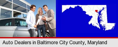 an auto dealership conversation; Baltimore City highlighted in red on a map
