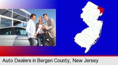 an auto dealership conversation; Bergen County highlighted in red on a map