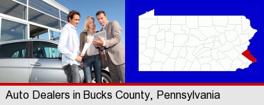 an auto dealership conversation; Bucks County highlighted in red on a map