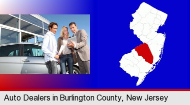 an auto dealership conversation; Burlington County highlighted in red on a map