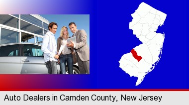 an auto dealership conversation; Camden County highlighted in red on a map