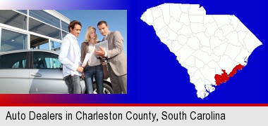 an auto dealership conversation; Charleston County highlighted in red on a map