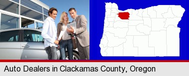 an auto dealership conversation; Clackamas County highlighted in red on a map