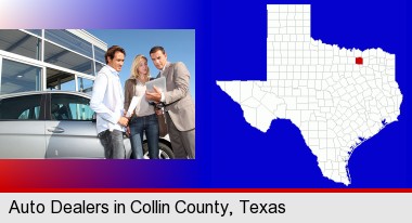 an auto dealership conversation; Collin County highlighted in red on a map