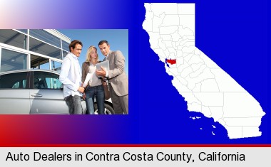 an auto dealership conversation; Contra Costa County highlighted in red on a map