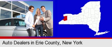 an auto dealership conversation; Erie County highlighted in red on a map