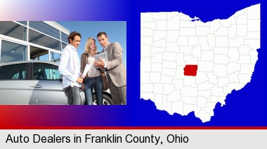 an auto dealership conversation; Franklin County highlighted in red on a map