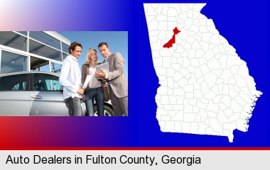 an auto dealership conversation; Fulton County highlighted in red on a map