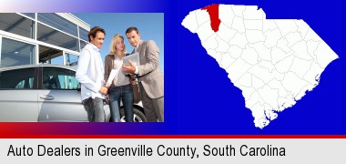 an auto dealership conversation; Greenville County highlighted in red on a map