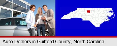 an auto dealership conversation; Guilford County highlighted in red on a map