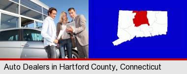 an auto dealership conversation; Hartford County highlighted in red on a map