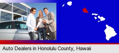 an auto dealership conversation; Honolulu County highlighted in red on a map