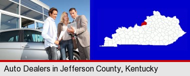 an auto dealership conversation; Jefferson County highlighted in red on a map