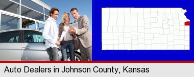 an auto dealership conversation; Johnson County highlighted in red on a map