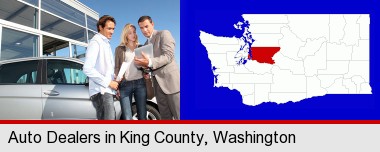 an auto dealership conversation; King County highlighted in red on a map