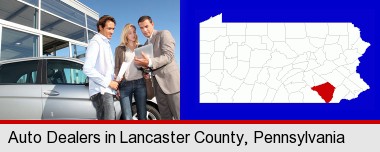 an auto dealership conversation; Lancaster County highlighted in red on a map
