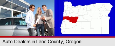 an auto dealership conversation; Lane County highlighted in red on a map