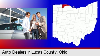 an auto dealership conversation; Lucas County highlighted in red on a map