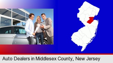 an auto dealership conversation; Middlesex County highlighted in red on a map