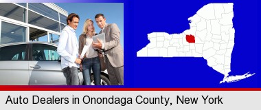 an auto dealership conversation; Onondaga County highlighted in red on a map