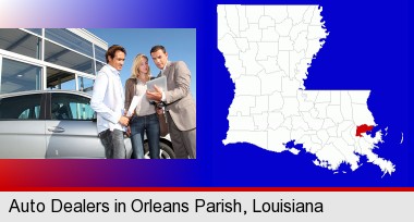 an auto dealership conversation; Orleans Parish highlighted in red on a map