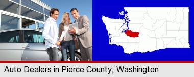 an auto dealership conversation; Pierce County highlighted in red on a map