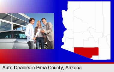 an auto dealership conversation; Pima County highlighted in red on a map
