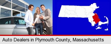 an auto dealership conversation; Plymouth County highlighted in red on a map