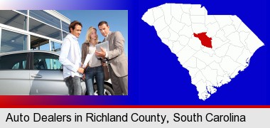 an auto dealership conversation; Richland County highlighted in red on a map