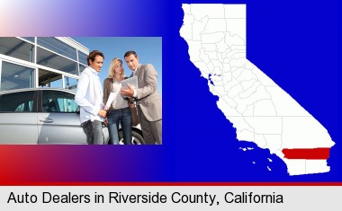 an auto dealership conversation; Riverside County highlighted in red on a map