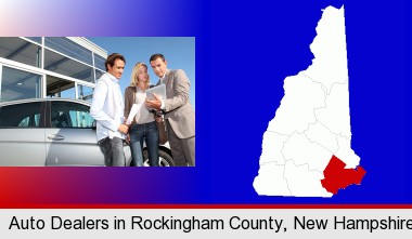 an auto dealership conversation; Rockingham County highlighted in red on a map