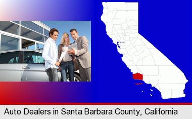 an auto dealership conversation; Santa Barbara County highlighted in red on a map