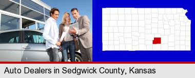 an auto dealership conversation; Sedgwick County highlighted in red on a map