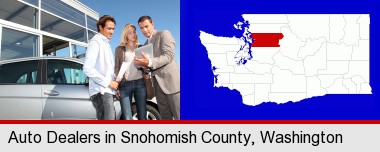 an auto dealership conversation; Snohomish County highlighted in red on a map