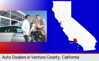 an auto dealership conversation; Ventura County highlighted in red on a map