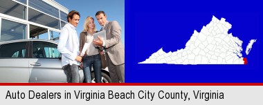 an auto dealership conversation; Virginia Beach City County highlighted in red on a map