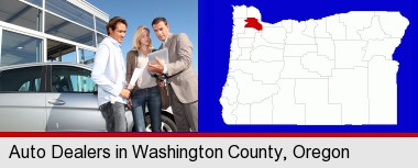 an auto dealership conversation; Washington County highlighted in red on a map