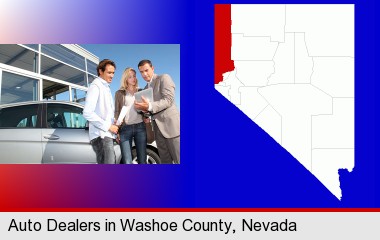 an auto dealership conversation; Washoe County highlighted in red on a map