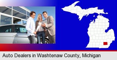 an auto dealership conversation; Washtenaw County highlighted in red on a map