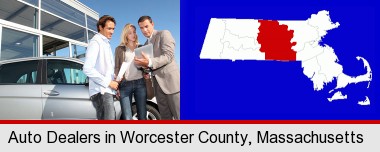 an auto dealership conversation; Worcester County highlighted in red on a map
